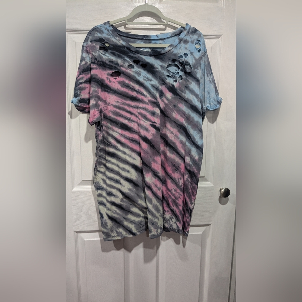 Torrid Relaxed Fit Cotton Poly Jersey Crewneck Destructed Roll Sleeve Tee - Picture 2 of 4